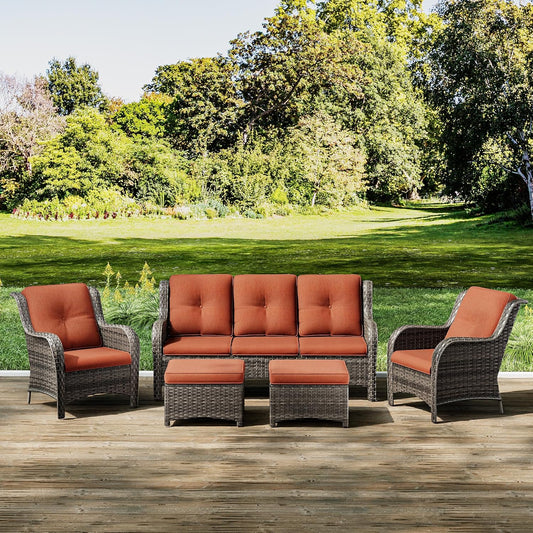 Joyside Patio Furniture Set 5-Piece Wicker Outdoor Furniture Conversational Set with 3-Seat Sofa, 2 Armchairs, 2 Ottoman Patio Rattan Wicker Sectional Sofa Set with Olefin Cushions(Mixed Grey/Orange)