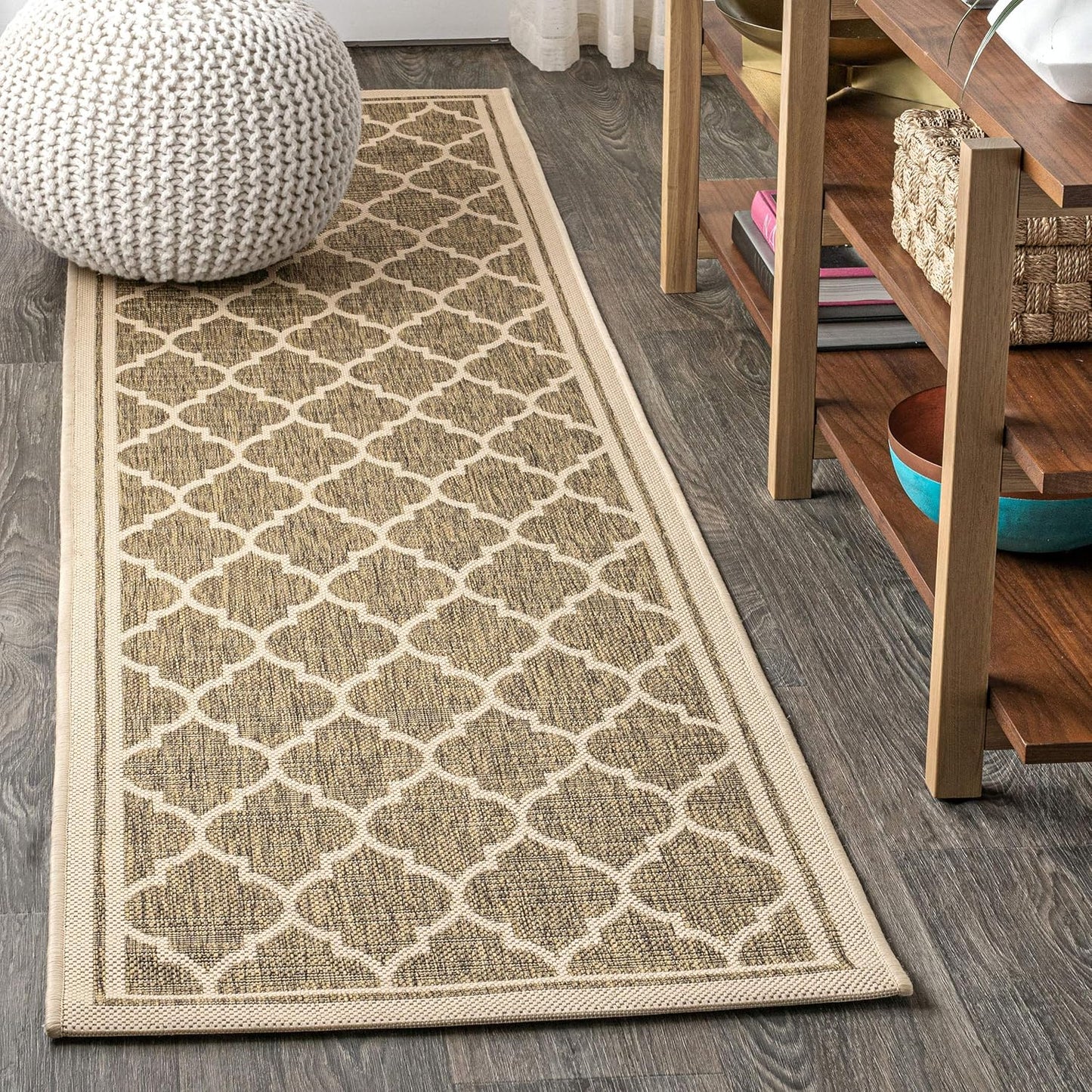 Eyely BMS109A-28 Santa Monica Trebol Moroccan Trellis Textured Weave Indoor/Outdoor Runner Rug Coastal;Bohemian, Bedroom, Backyard, Patio, Easy-Cleaning, Non-Shedding, 2 X 8, Brown/Beige
