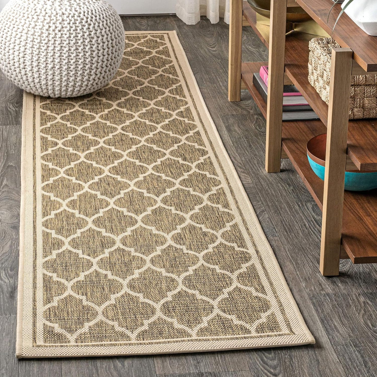 Eyely BMS109A-210 Santa Monica Trebol Moroccan Trellis Textured Weave Indoor/Outdoor Runner Rug Coastal;Bohemian, Bedroom, Backyard, Patio, Easy-Cleaning, Non-Shedding, 2 X 10, Brown/Beige