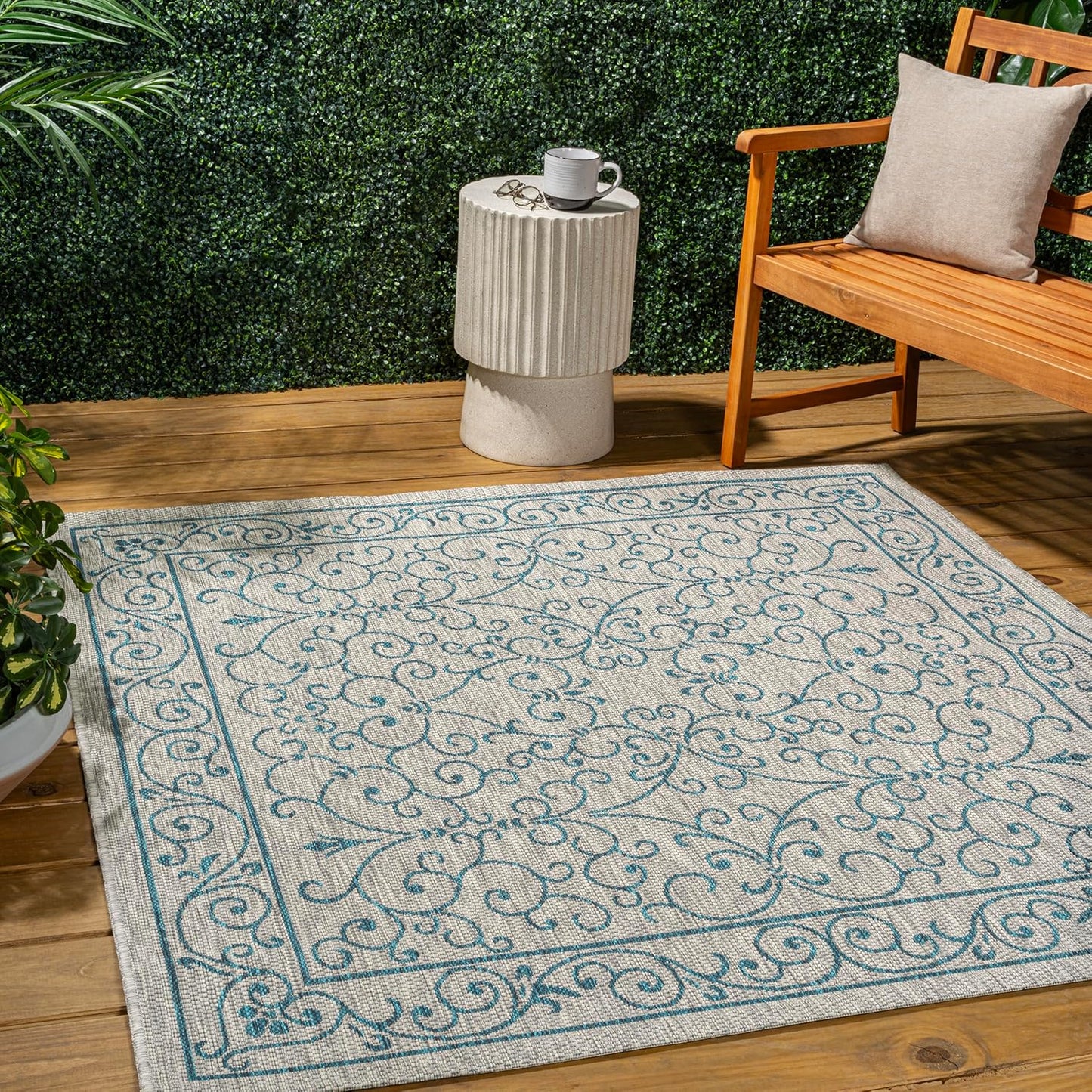 JONATHAN Y SMB106E-9SQ Charleston Vintage Filigree Textured Weave Gray/Teal 9' Square Indoor/Outdoor Area Rug, Pet Friendly, Non-Shedding, Stain Resistant, Easy-Cleaning for Backyard, Patio, Porch