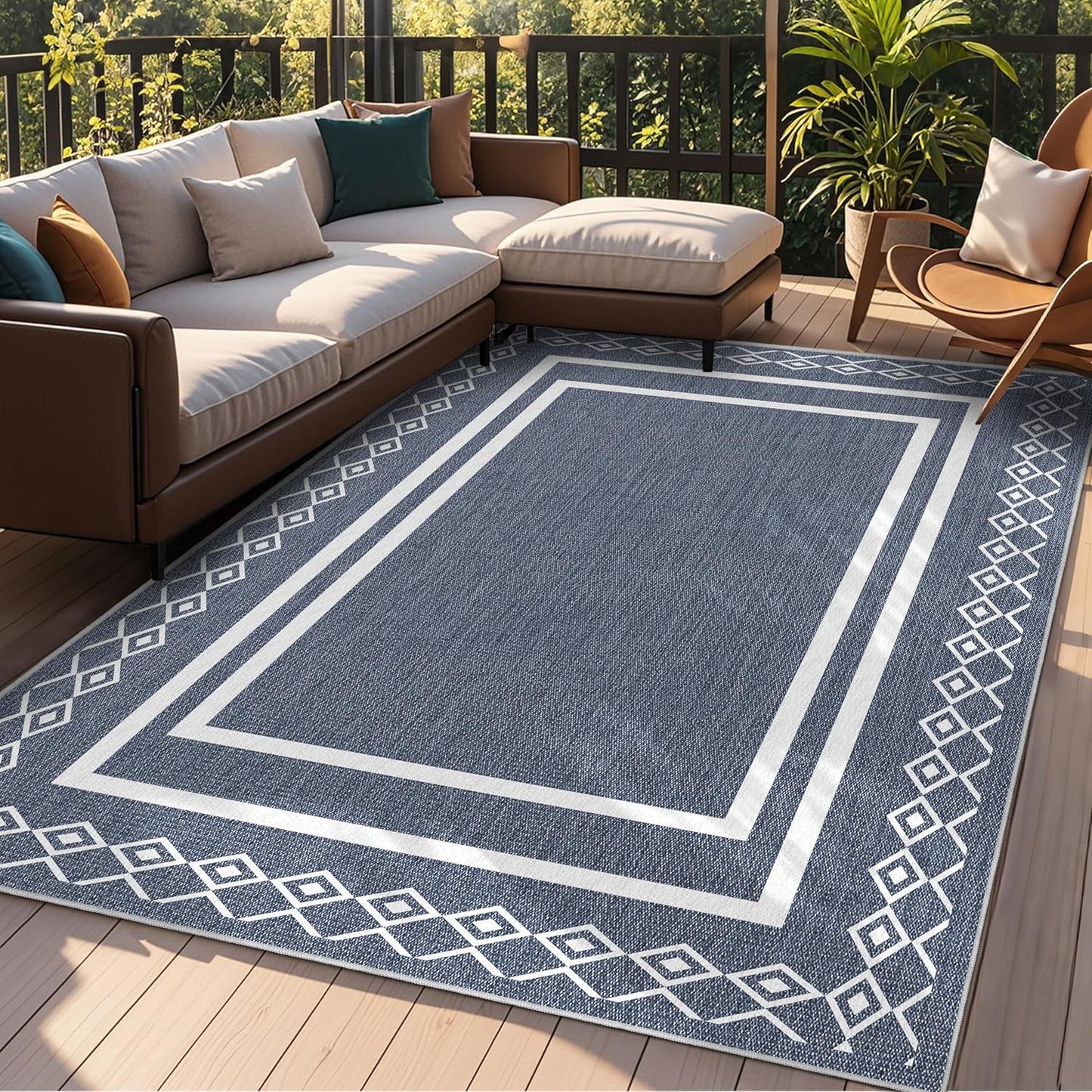 Outdoor Patio Rug, Outside Rectangular Carpet, Moroccan Geometric Rugs, Washable Large Indoor Outdoor Rug Mats for RV, Picnic, Backyard, Deck, Balcony, Porch, Beach 5'x8'