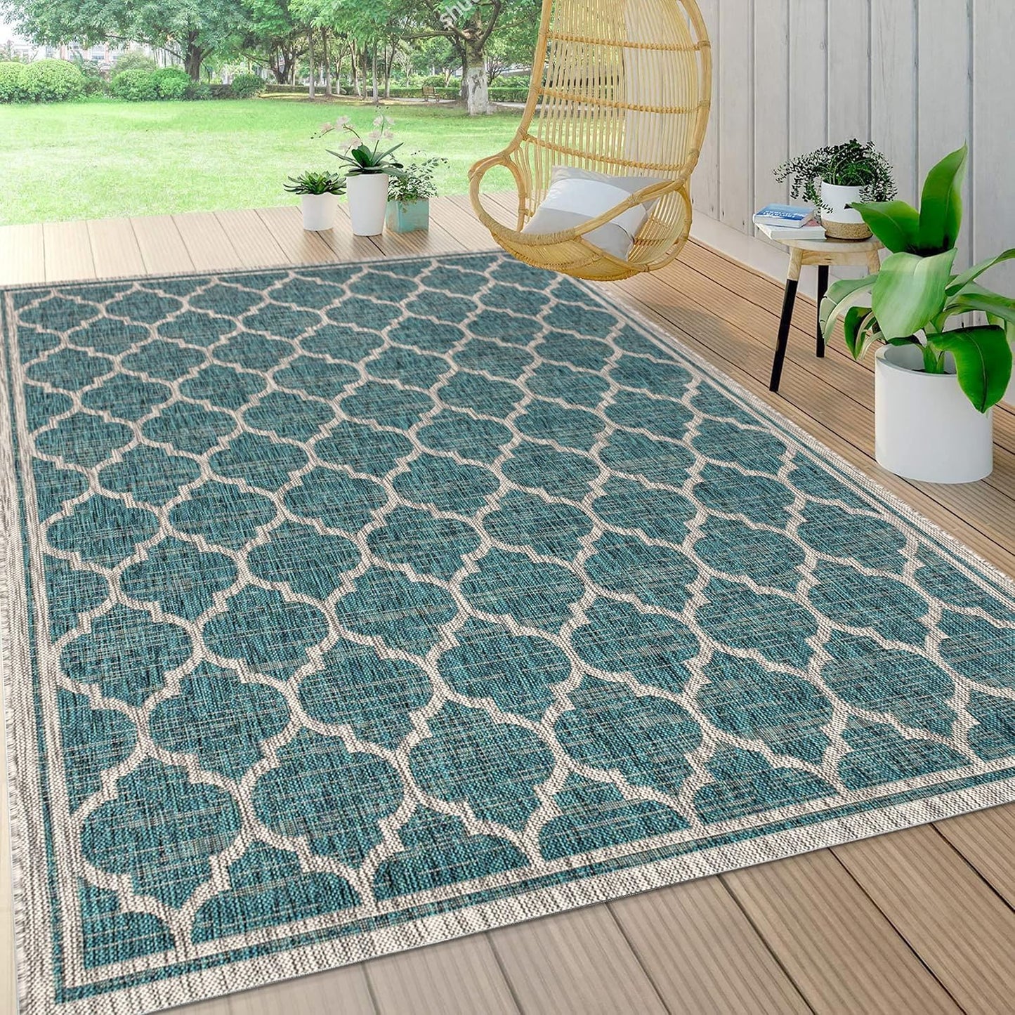 Eyely BMS109E-3 Santa Monica Trebol Moroccan Trellis Textured Weave Indoor/Outdoor Area Rug Coastal;Bohemian, Bedroom, Backyard, Patio, Easy-Cleaning, Non-Shedding, 3 X 5, Teal/Gray