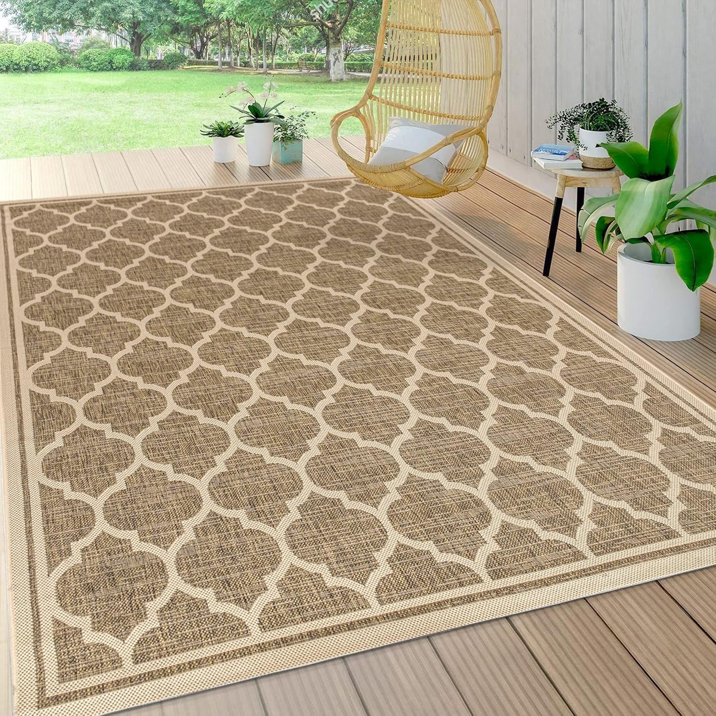 Eyely BMS109A-5 Santa Monica Trebol Moroccan Trellis Textured Weave Indoor/Outdoor Area Rug Coastal;Bohemian, Bedroom, Backyard, Patio, Easy-Cleaning, Non-Shedding, 5 X 8, Brown/Beige