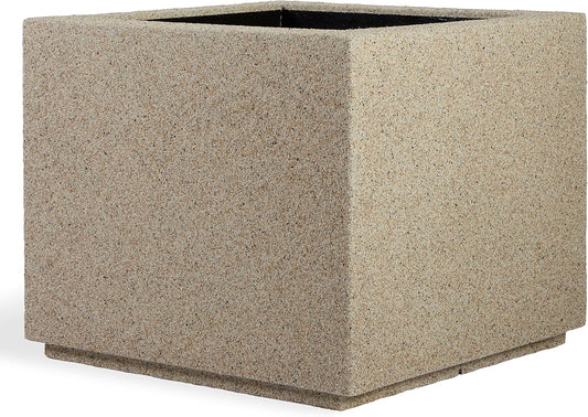 PolyStone Monterray Modern Outdoor/Indoor Square Planter, 23" L x 23" W x 19" H, Lightweight, Heavy Duty, Weather Resistant, Polymer Finish, Commercial Grade and Residential (Sandstone Granite)