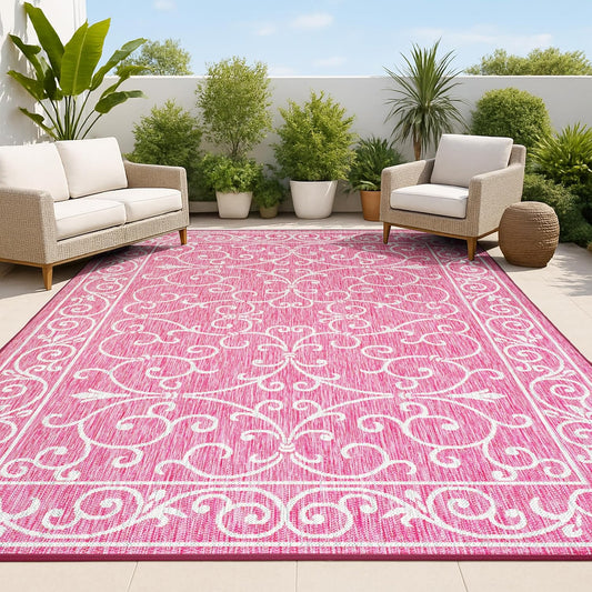 JONATHAN Y SMB106J-9 Charleston Vintage Filigree Textured Weave Indoor Outdoor Area Rug, Classic Traditional Easy-Cleaning,Bedroom,Kitchen,Backyard,Patio,Non Shedding, 9 X 12, Fuchsia/Light Gray