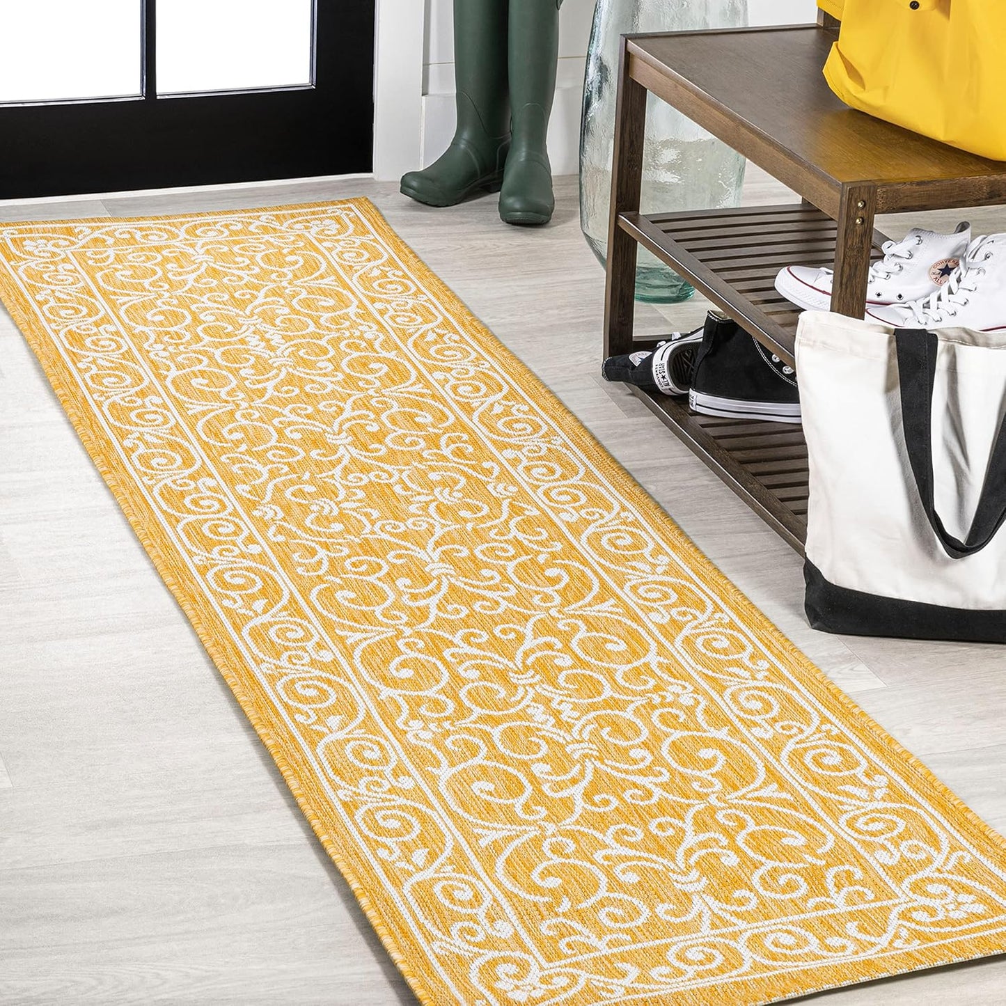 JONATHAN Y SMB106L-28 Charleston Vintage Filigree Textured Weave Indoor Outdoor Runner Rug, Classic, Traditional, Transitional Easy Clean,Bedroom,Kitchen,Backyard,Patio, Non-Shed, Yellow/Cream, 2 X 8