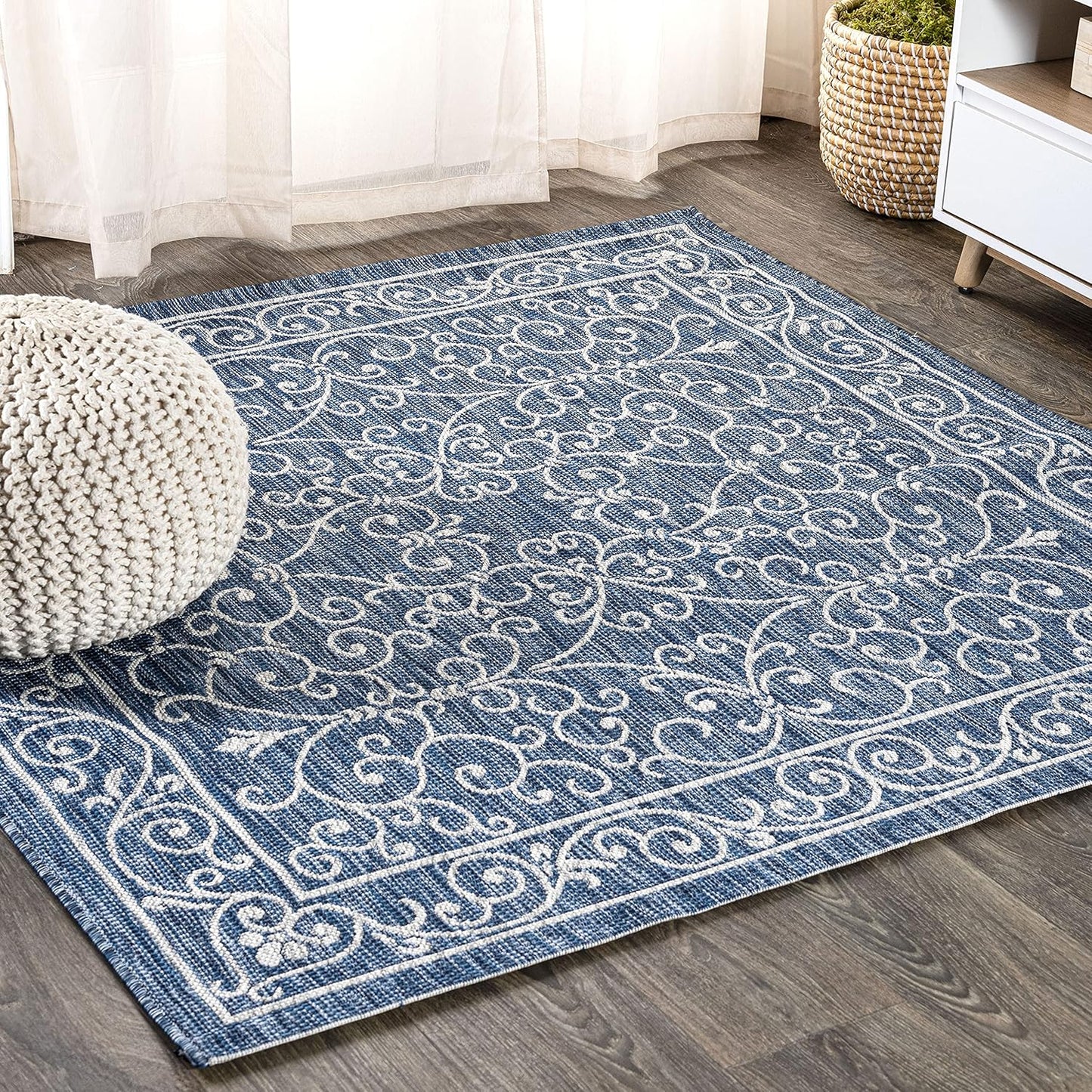 JONATHAN Y SMB106D-8SQ Charleston Vintage Filigree Textured Weave Navy/Gray 8' Square Indoor/Outdoor Area Rug, Pet Friendly, Non-Shedding, Stain Resistant, Easy-Cleaning for Backyard, Patio, Porch