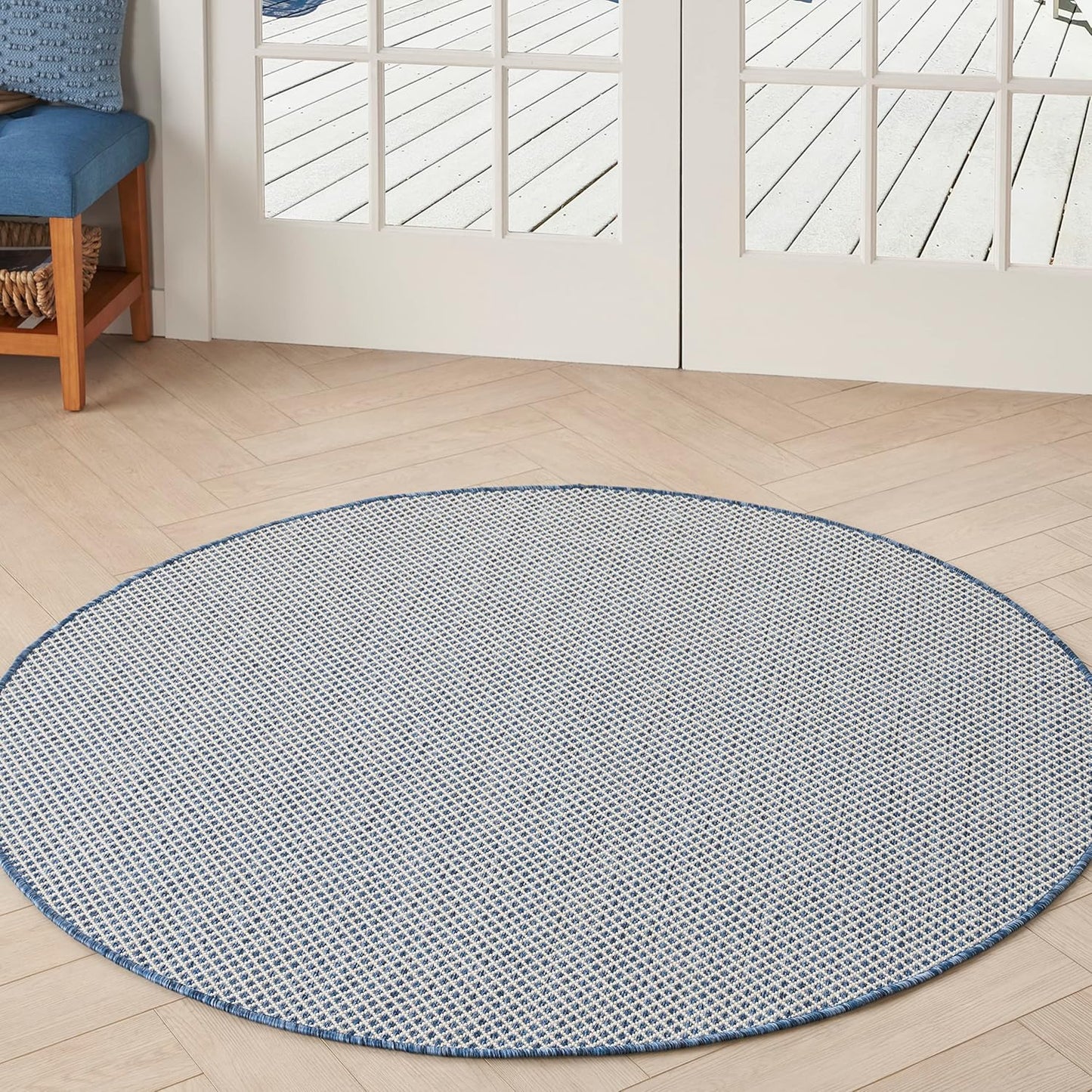 Nourison Home Courtyard Indoor/Outdoor Ivory Blue 4' x Round Area Rug, Easy Cleaning, Non Shedding, Bed Room, Living Room, Dining Room, Backyard, Deck, Patio (4 Round)