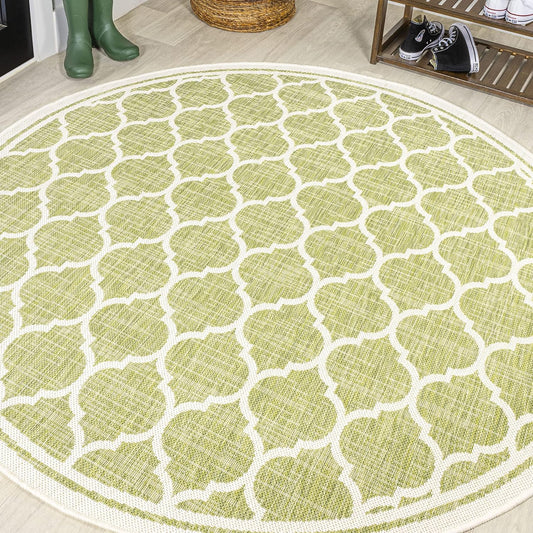 Eyely BMS109G-5R Santa Monica Trebol Moroccan Trellis Textured Weave Indoor/Outdoor Area Rug Coastal;Bohemian, Bedroom, Backyard, Patio, Easy-Cleaning, Non-Shedding, 5' Round, Green/Cream