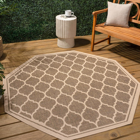 Eyely BMS109A-5TGN Trebol Moroccan Trellis Textured Weave Brown/Beige 5' Octagon Indoor/Outdoor Area Rug, Brown/Beige, 5' Octagon, Indoor/Outdoor, Area Rug