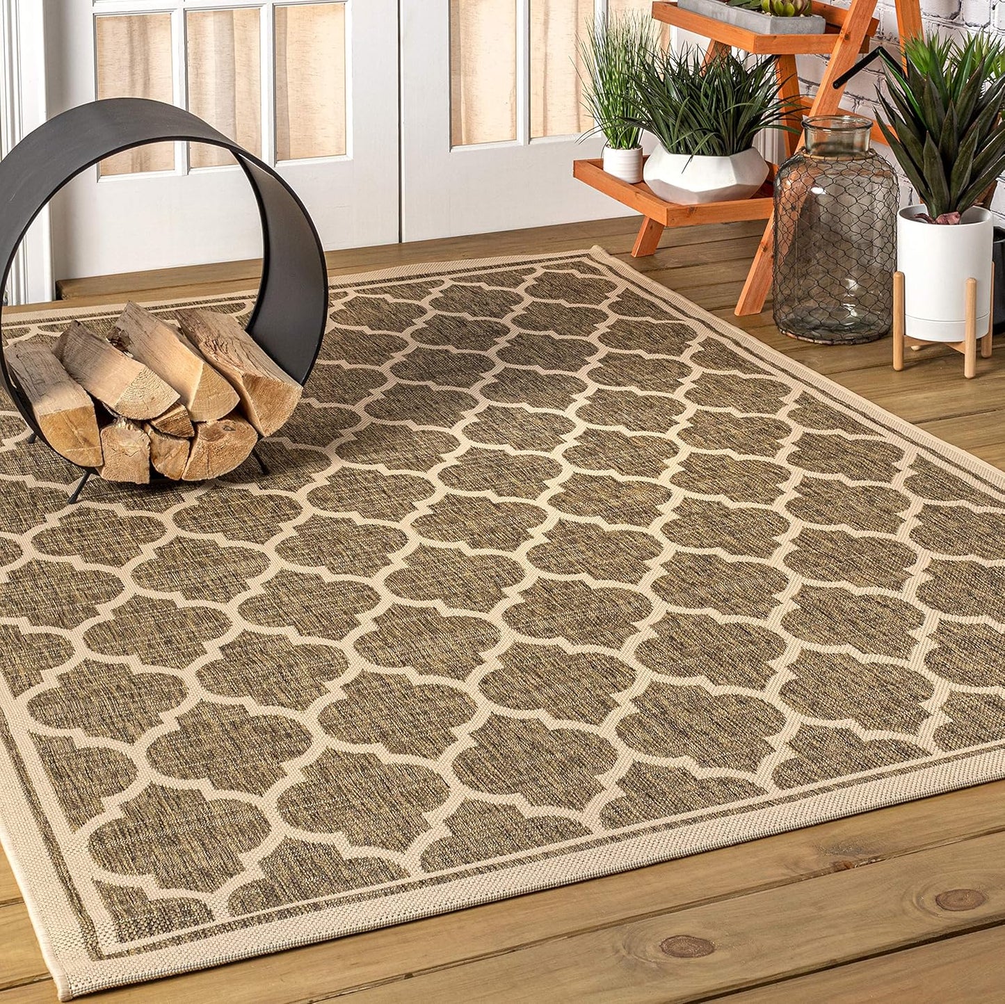 Eyely BMS109A-8 Santa Monica Trebol Moroccan Trellis Textured Weave Indoor/Outdoor Area Rug Coastal;Bohemian, Bedroom, Backyard, Patio, Easy-Cleaning, Non-Shedding, 8 X 10, Brown/Beige