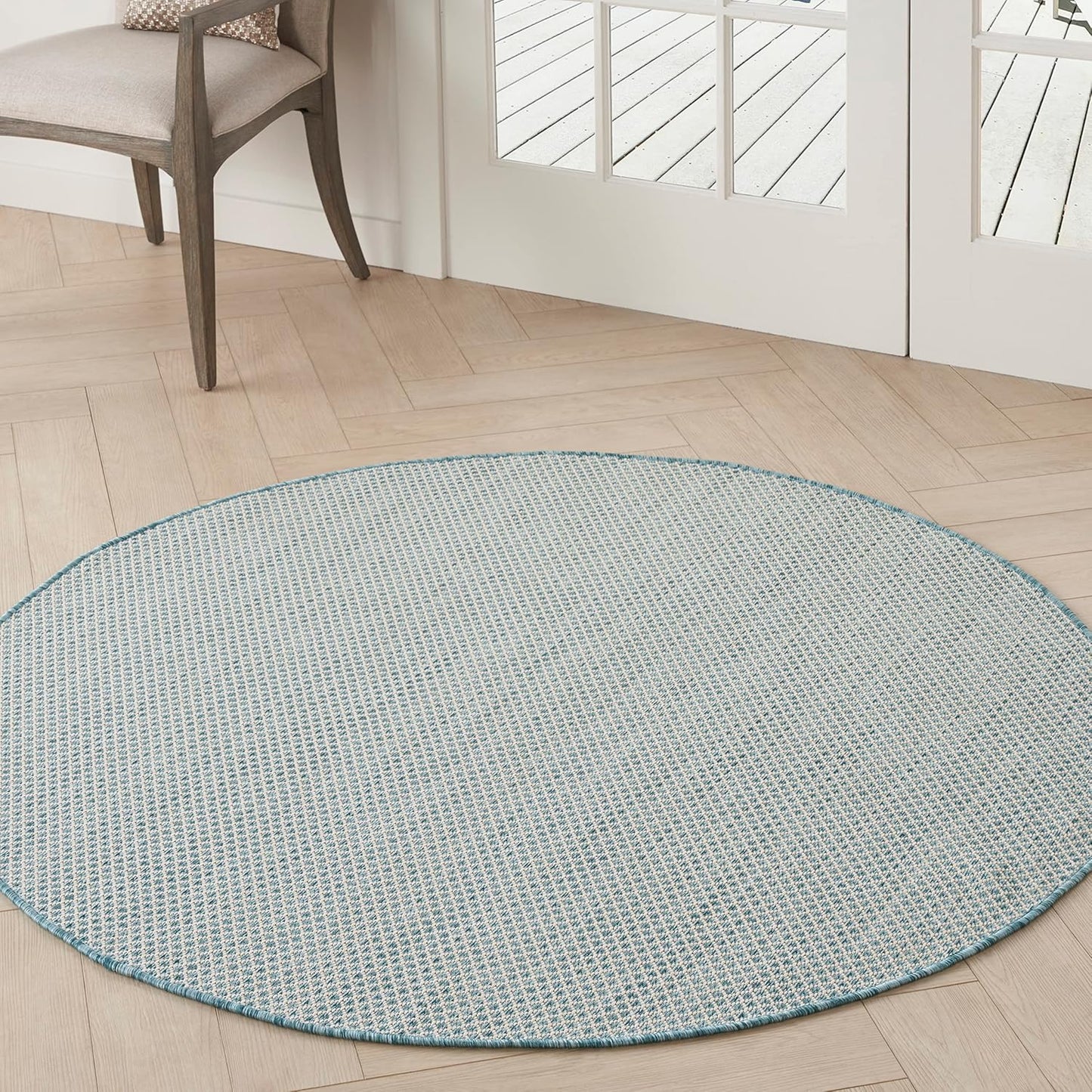 Nourison Home Courtyard Indoor/Outdoor Ivory/Aqua 4' x Round Area Rug, Easy Cleaning, Non Shedding, Bed Room, Living Room, Dining Room, Backyard, Deck, Patio (4 Round)