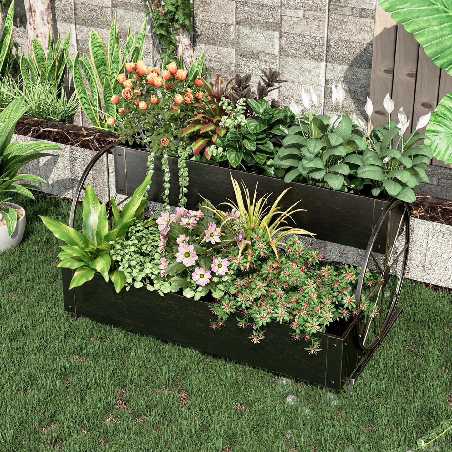 Metal Wagon Planter Box, 2-Tier Garden Planter with Wagon Wheels, Decorative Outdoor Planters for Flowers Herbs Vegetables, Flower Cart Small Raised Garden Bed for Patio, Balcony (Retro Gold)