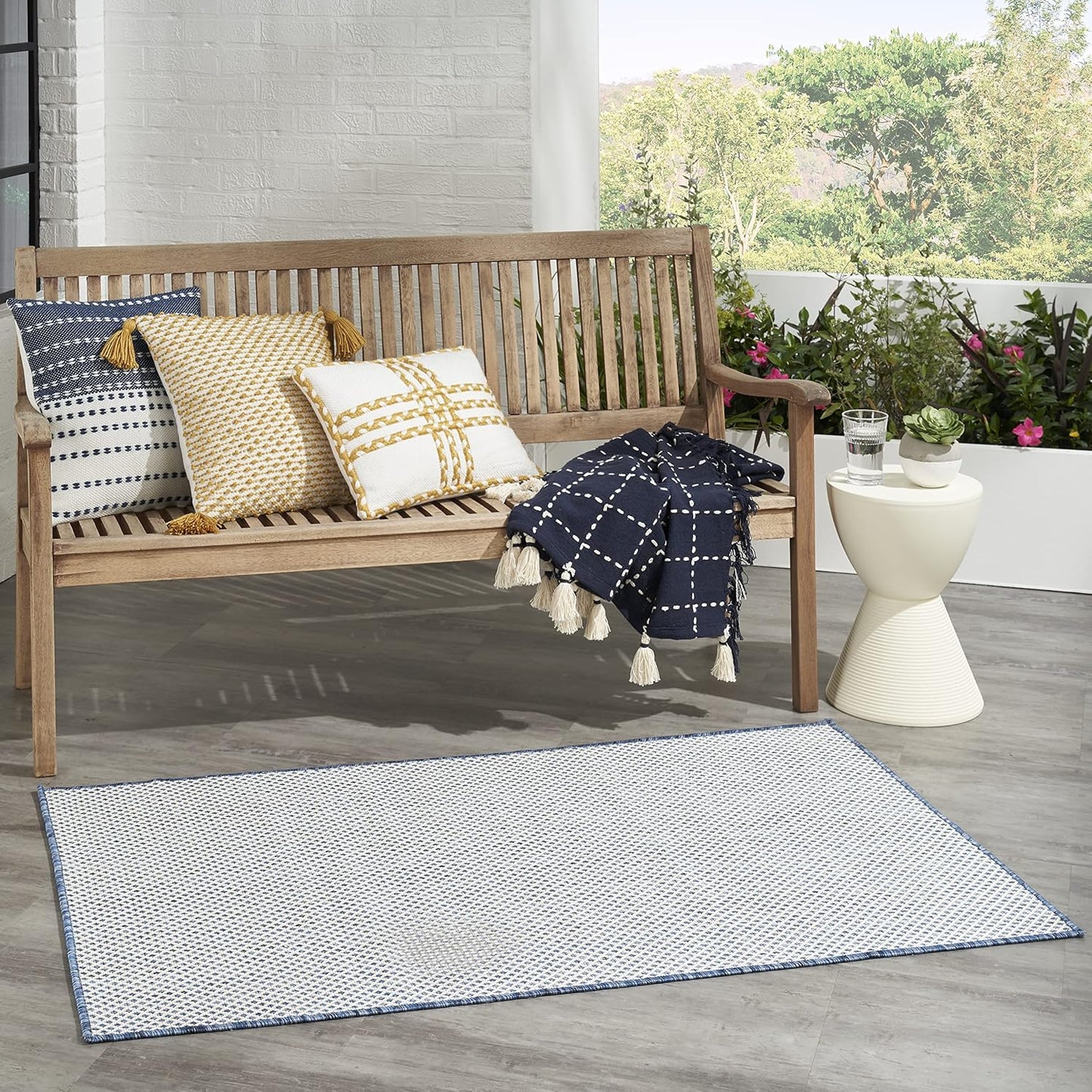 Nourison Courtyard Indoor/Outdoor Ivory Blue 3' x 5' Area Rug, Geometric, Easy Cleaning, Non Shedding, Bed Room, Living Room, Dining Room, Deck, Patio, Backyard (3x5)