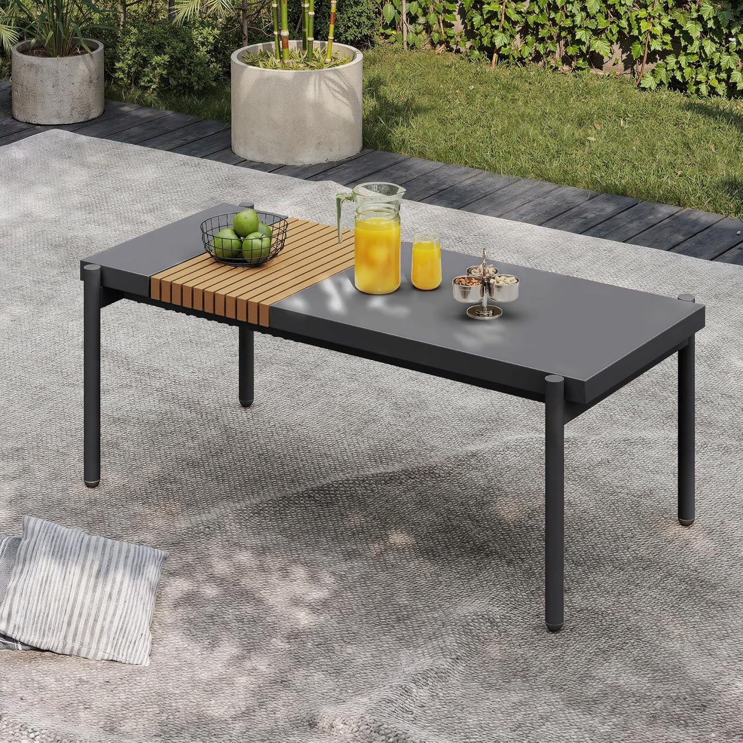 Sundale Outdoor Modern Metal Outdoor Coffee Table with Slatted Wood-Look Tabletop Design, Weather-Resistant Patio Side Table for Garden, Balcony, Poolside(Grey)