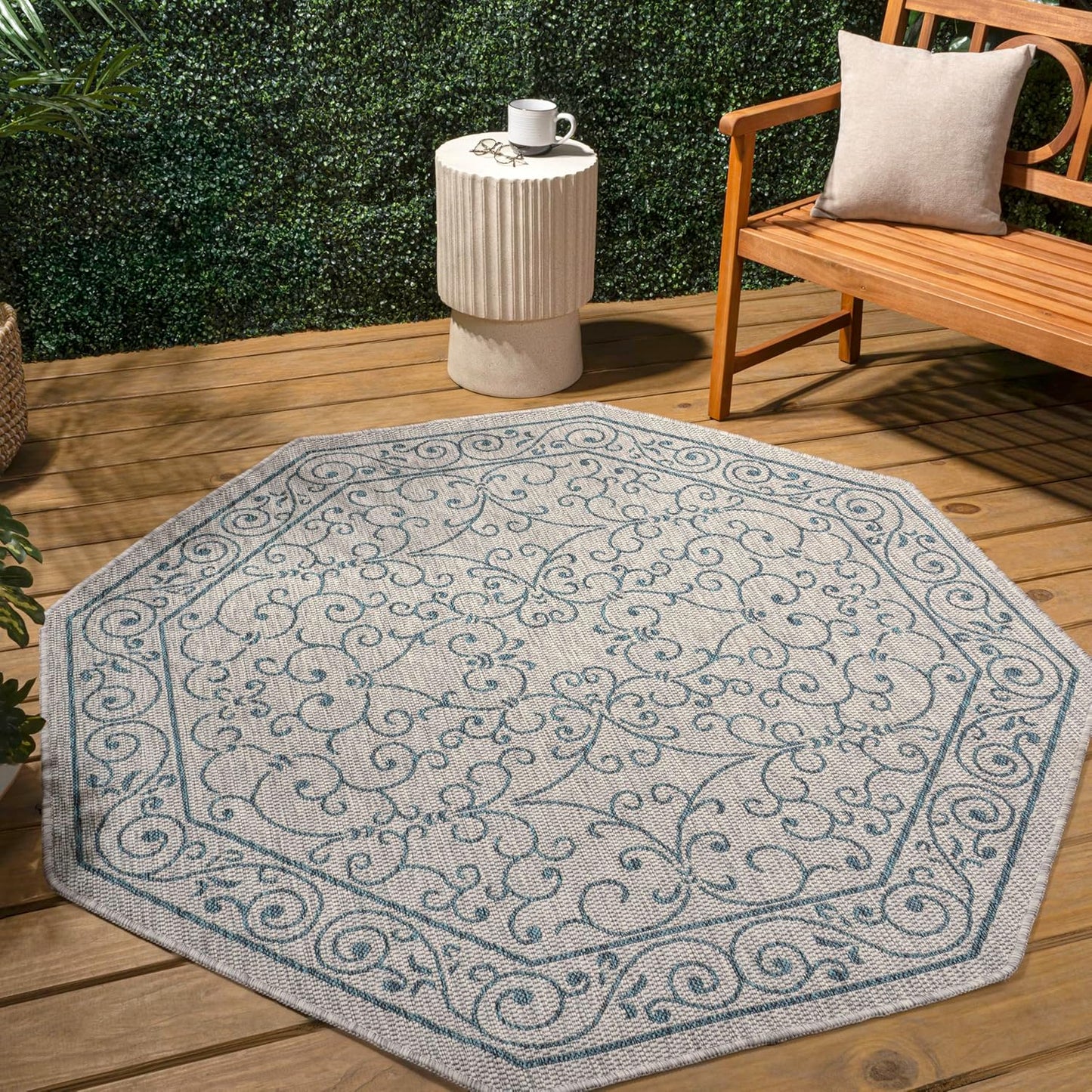 JONATHAN Y SMB106E-5TGN Charleston Vintage Filigree Textured Weave Gray/Teal 5' Octagon Indoor/Outdoor Area Rug, Non-Shedding, Stain Resistant,Fade Resistant, Easy-Cleaning for Backyard Patio, Porch