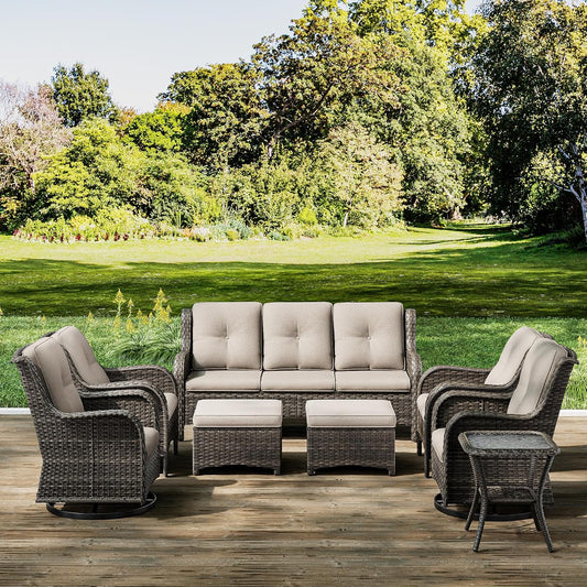 Joyside Wicker Patio Furniture Sets 8 Piece Set with 3-Seat Sofa, 2 Swivel Rocking Armchairs, 2 Armchairs, 2 Ottoman and 1 Side Table Wicker Outdoor Furniture Sectional Conversation Set, Beige