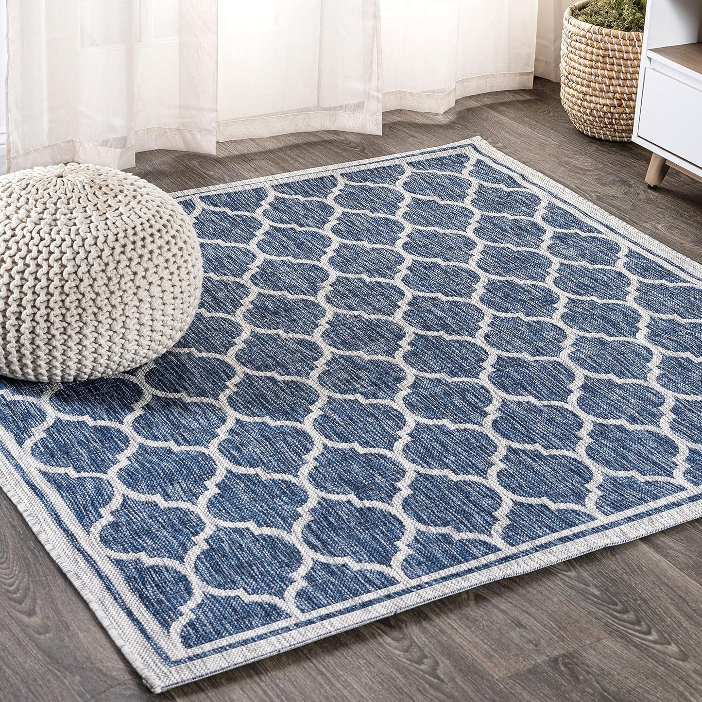 Eyely BMS109D-3SQ Santa Monica Trebol Moroccan Trellis Textured Weave, Pet Friendly, Non-Shedding, Stain Resistant, Easy-Cleaning, Navy/Gray, 3' Square, Indoor/Outdoor, Area Rug