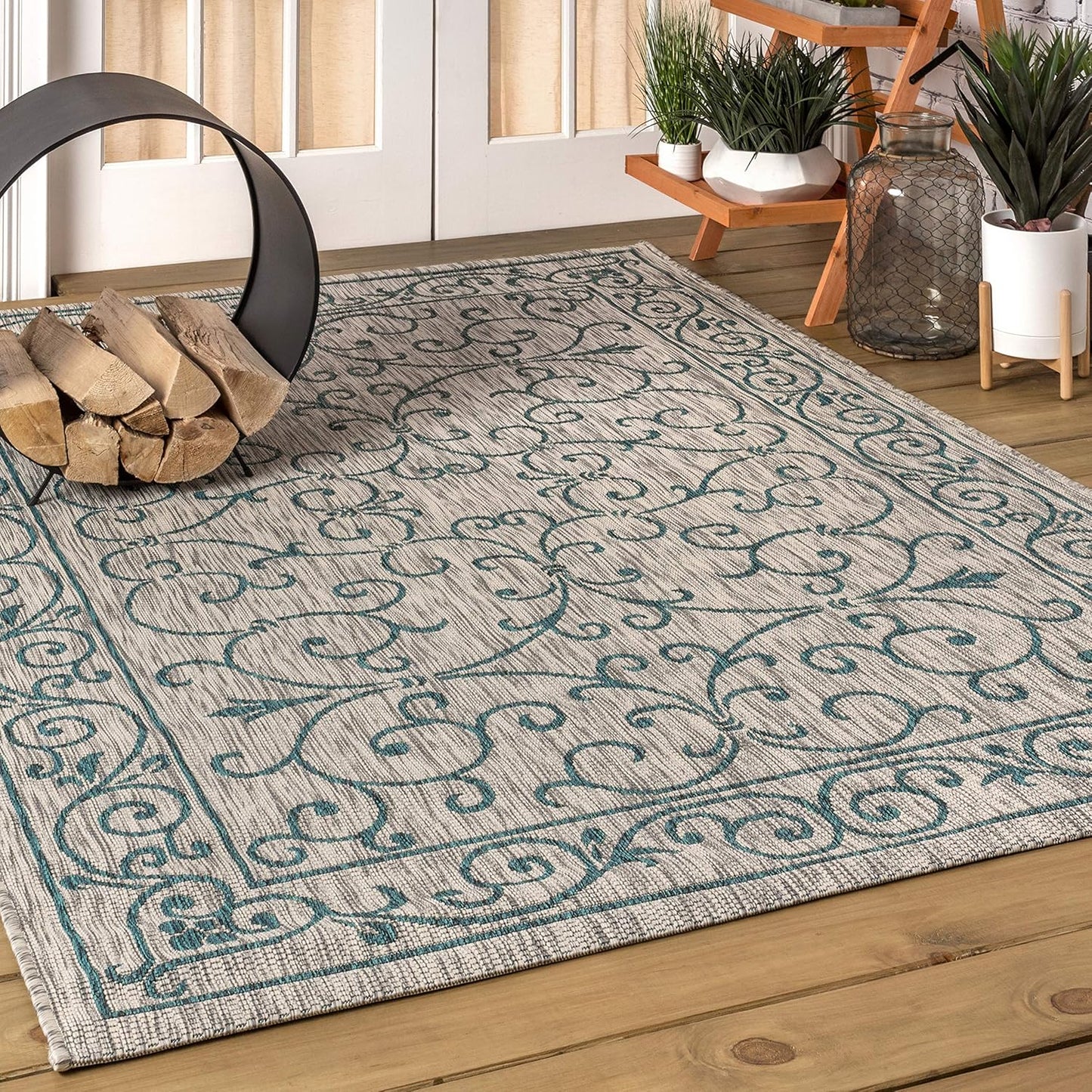 JONATHAN Y SMB106E-4 Charleston Vintage Filigree Textured Weave Indoor Outdoor Rug LivingRoom Backyard,4 X 6,Gray/Teal