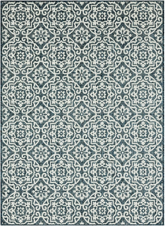 Nicole Miller New York Patio Country Julia Transitional Geometric Indoor/Outdoor Area Rug, Blue/White, 5'2"x7'2"