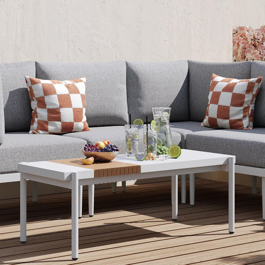 Sundale Outdoor Modern Metal Outdoor Coffee Table with Slatted Wood-Look Tabletop Design, Weather-Resistant Patio Side Table for Garden, Balcony, Poolside(White)