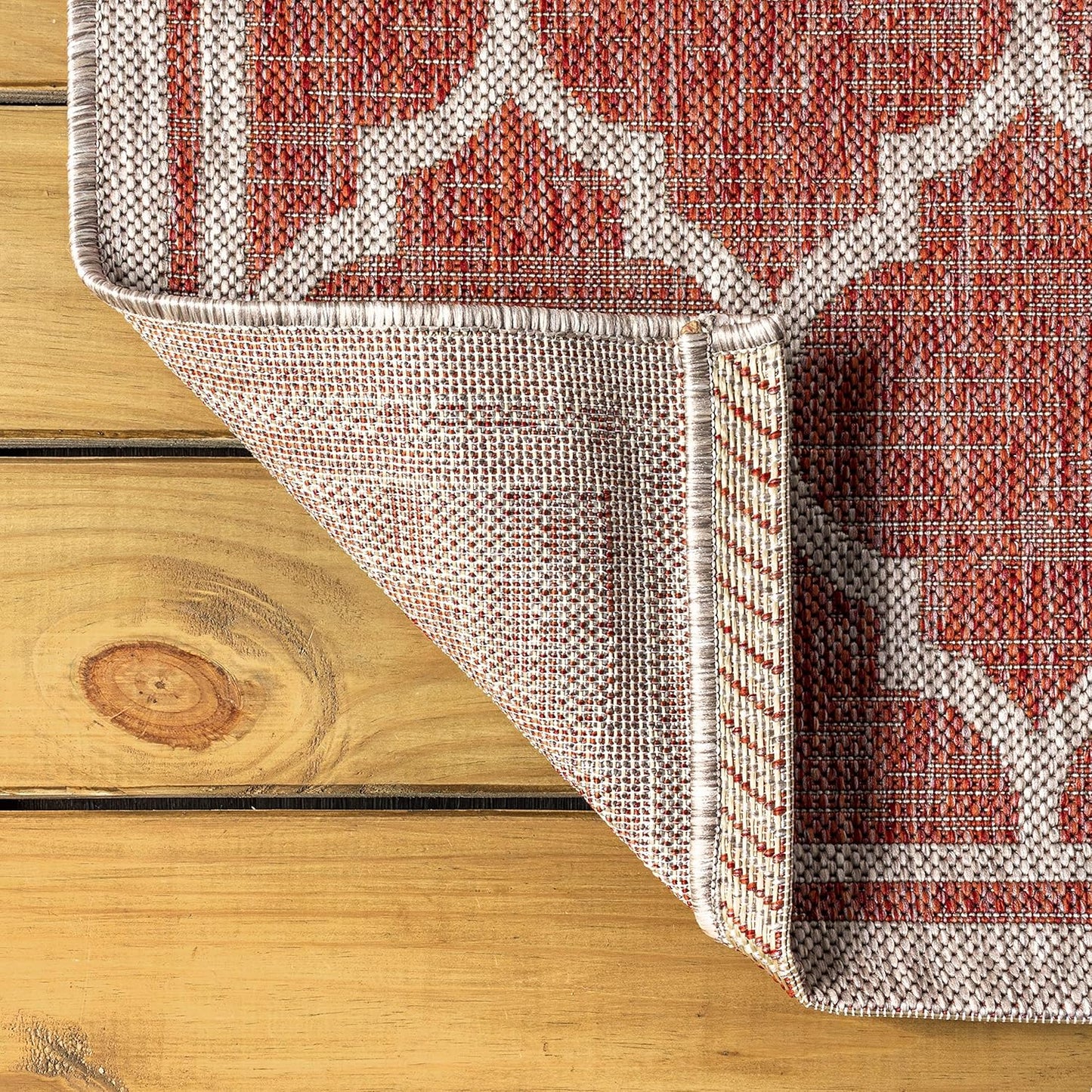 Eyely BMS109C-4SQ Santa Monica Trebol Moroccan Trellis Textured Weave, Pet Friendly, Non-Shedding, Stain Resistant, Easy-Cleaning, Red/Beige, 4' Square, Indoor/Outdoor, Area Rug