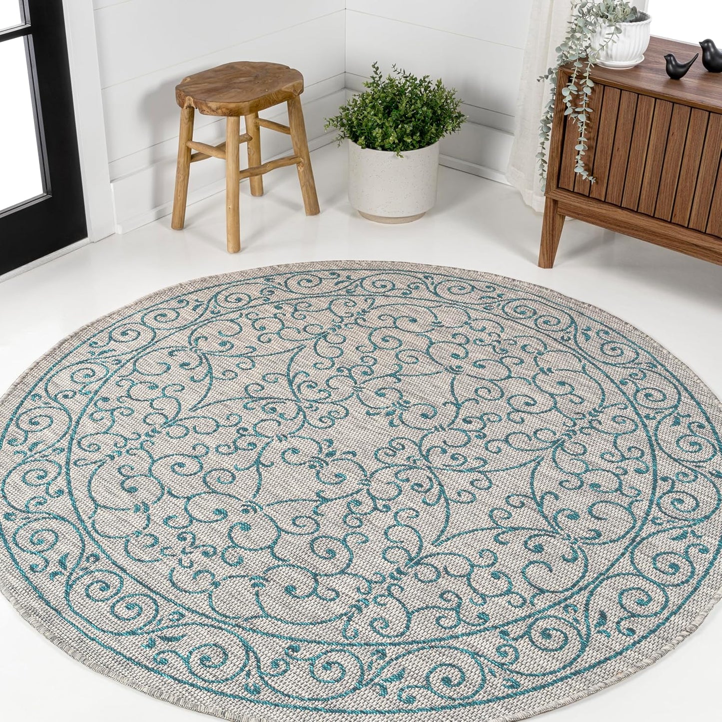 JONATHAN Y SMB106E-8R Charleston Vintage Filigree Textured Weave Gray/Teal 8' Round Indoor/Outdoor Area Rug, Pet Friendly, Non-Shedding, Stain Resistant, Easy-Cleaning for Backyard, Patio, Porch