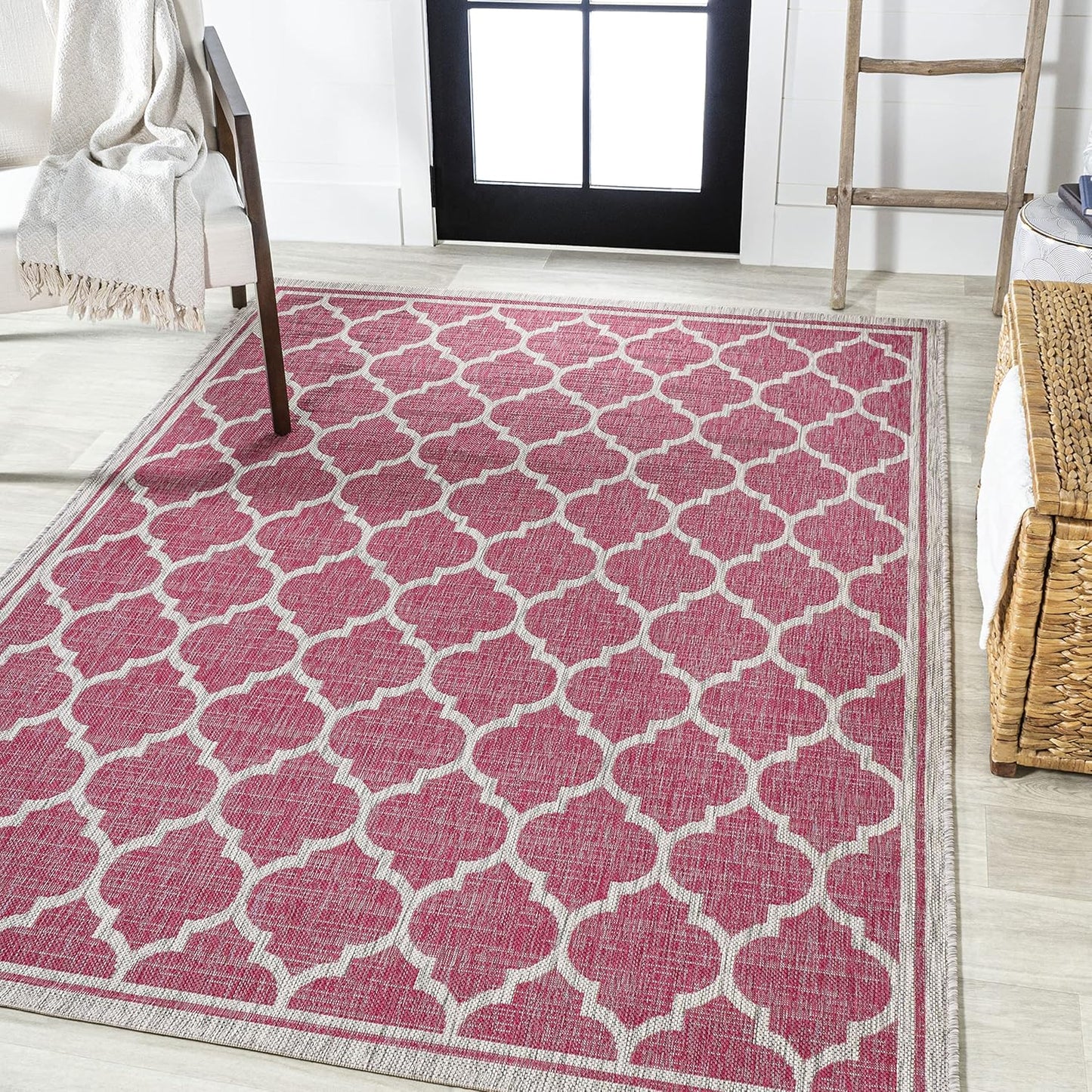 Eyely BMS109H-8 Santa Monica Trebol Moroccan Trellis Textured Weave Indoor/Outdoor Area Rug Coastal;Bohemian, Bedroom, Backyard, Patio, Easy-Cleaning, Non-Shedding, 8 X 10, Fuchsia/Light Gray