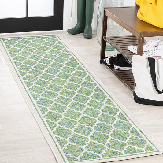 Eyely BMS109I-210 Santa Monica Trebol Moroccan Trellis Textured Weave Indoor/Outdoor Runner Rug Coastal;Bohemian, Bedroom, Backyard, Patio, Easy-Cleaning, Non-Shedding, 2 X 10, Cream/Green
