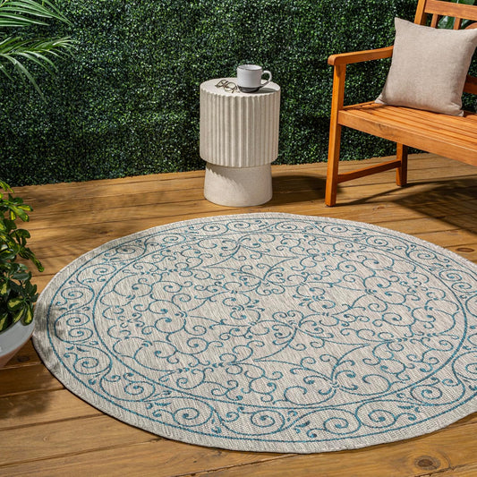 JONATHAN Y SMB106E-5R Charleston Vintage Filigree Textured Weave Gray/Teal 5' Round Indoor/Outdoor Area Rug, Pet Friendly, Non-Shedding, Stain Resistant, Easy-Cleaning for Backyard, Patio, Porch