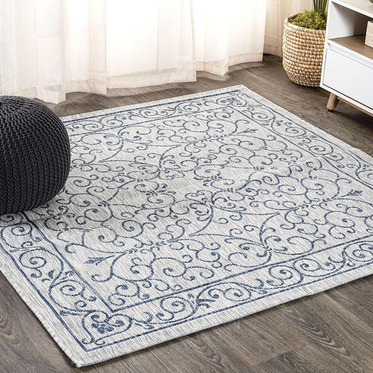 JONATHAN Y SMB106C-9SQ Charleston Vintage Filigree Textured Weave Gray/Navy 9' Square Indoor/Outdoor Area Rug, Pet Friendly, Non-Shedding, Stain Resistant, Easy-Cleaning for Backyard, Patio, Porch