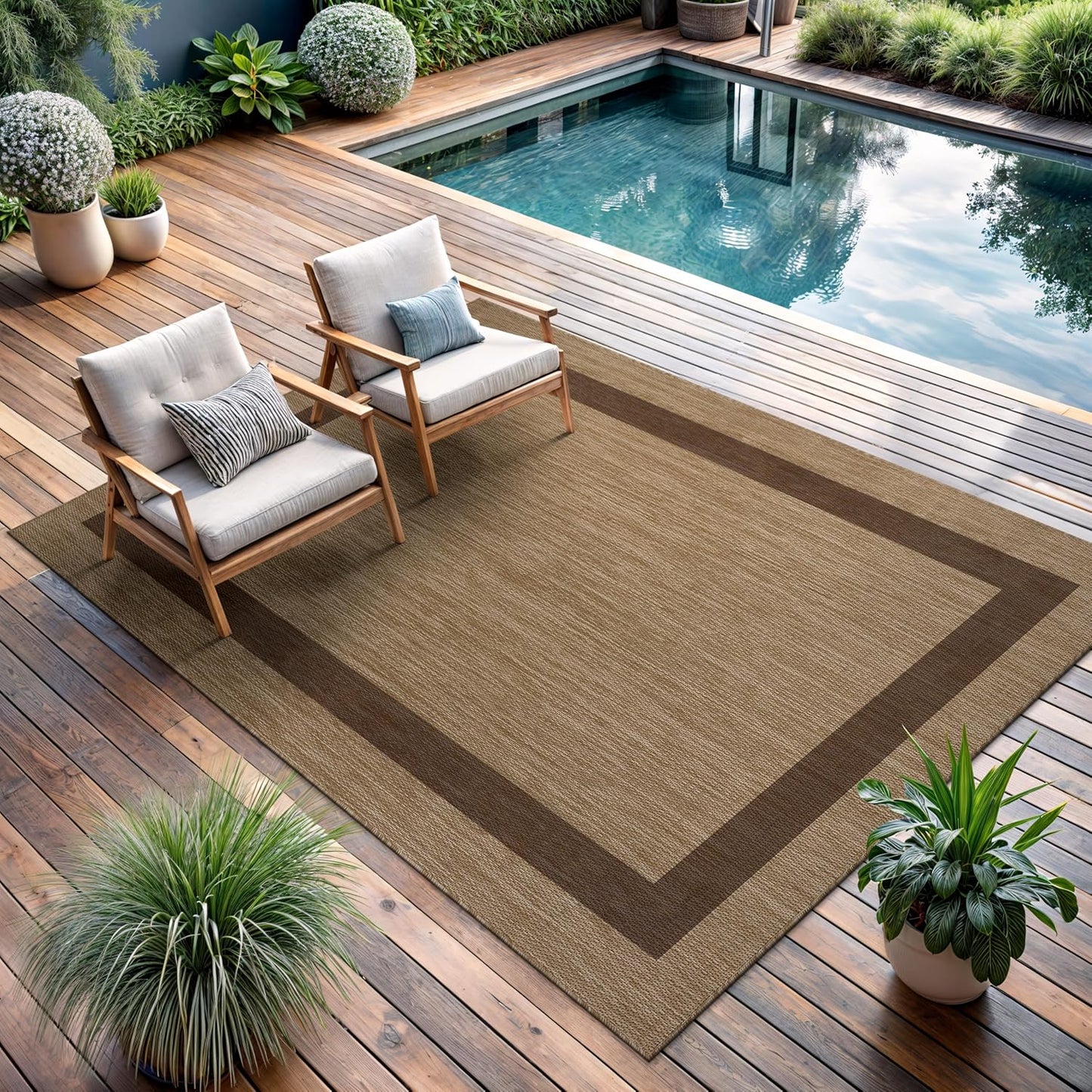 CAMILSON Outdoor Rug 5x7 - Modern Outside Rugs for Patios Porches Waterproof Durable Washable Non-Shedding, Easy-to-Clean Indoor Outdoor Area Carpet (5 x 7, Bordered - Jute)
