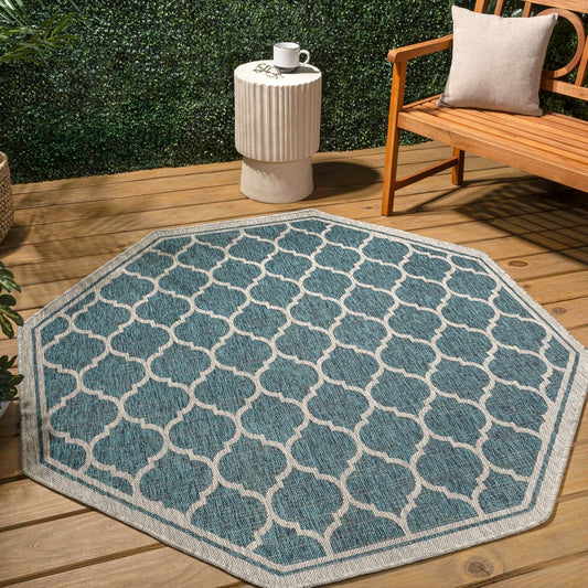 Eyely BMS109E-8TGN Trebol Moroccan Trellis Textured Weave Teal/Gray 8' Octagon Indoor/Outdoor Area Rug, Teal/Gray, 8' Octagon, Indoor/Outdoor, Area Rug