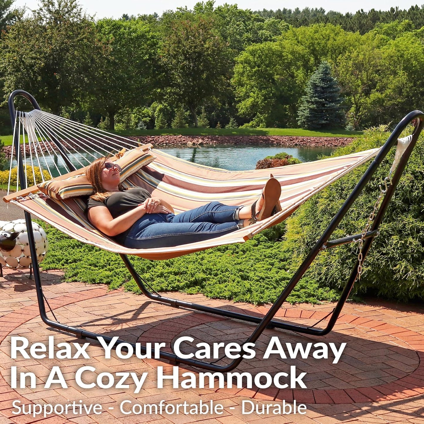 Sunnydaze Quilted Outdoor Hammock with Spreader Bars - Heavy-Duty 450-Pound Capacity Double Hammock for Outside - Sandy Beach