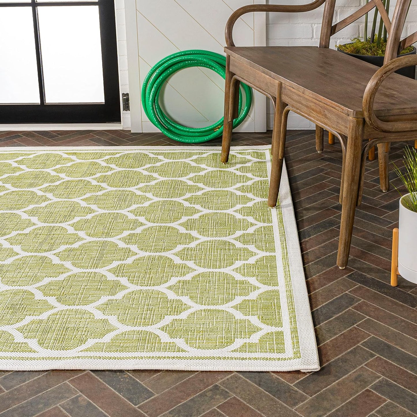 Eyely BMS109G-8 Santa Monica Trebol Moroccan Trellis Textured Weave Indoor/Outdoor Area Rug Coastal;Bohemian, Bedroom, Backyard, Patio, Easy-Cleaning, Non-Shedding, 8 X 10, Green/Cream