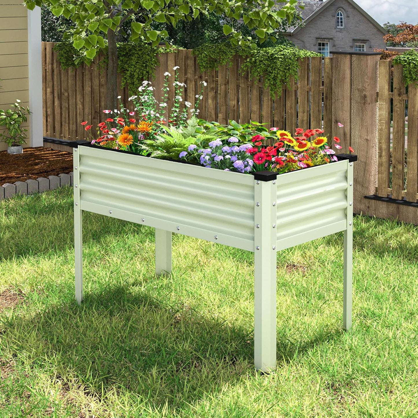 MUPATER 47.8" L x 23.5" W x 31.9" H Galvanized Steel Raised Garden Bed, 507lbs Capacity Large Metal Elevated Raised Planter Box with Legs & Detachable Black Liner for Patio, Balcony, Beige