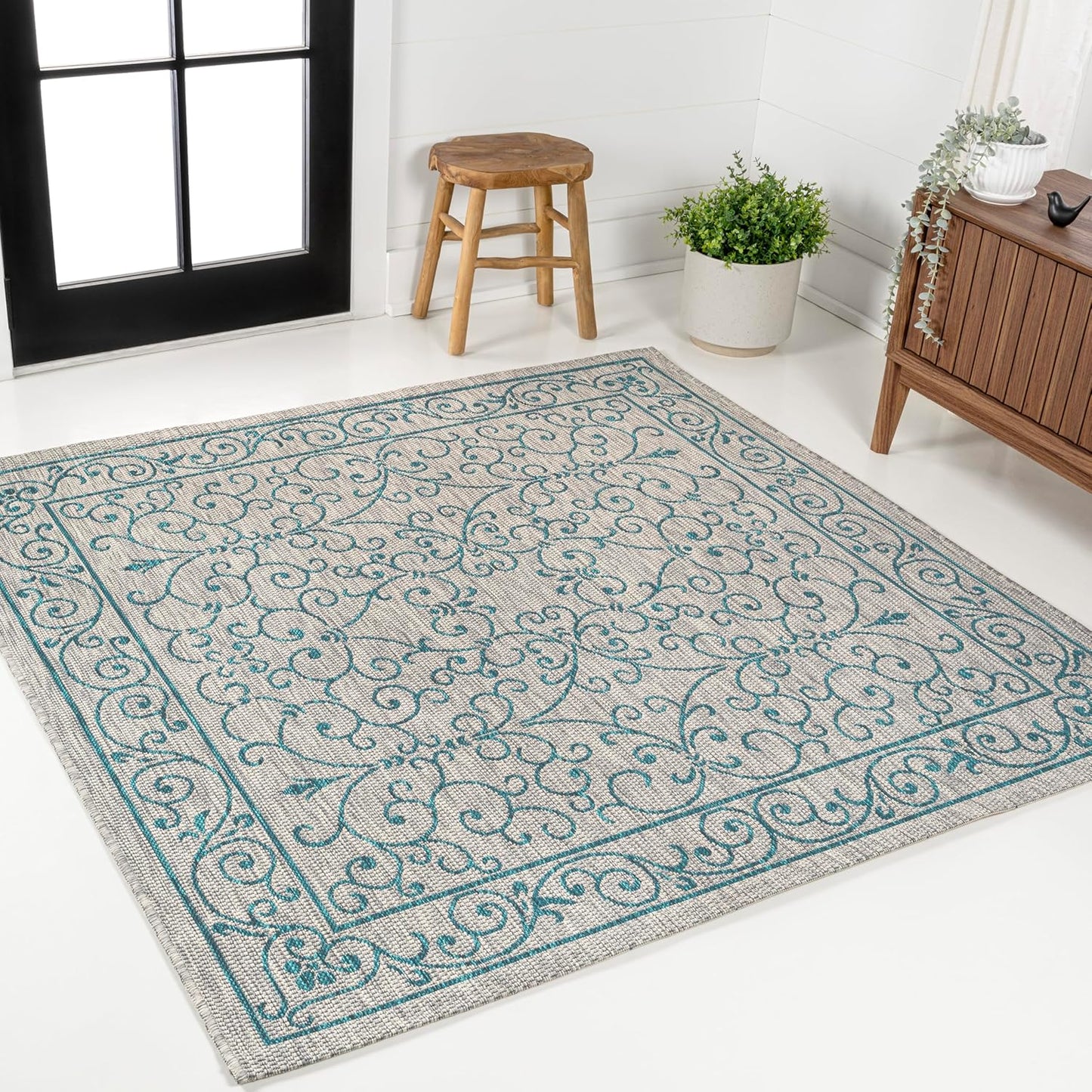 JONATHAN Y SMB106E-9SQ Charleston Vintage Filigree Textured Weave Gray/Teal 9' Square Indoor/Outdoor Area Rug, Pet Friendly, Non-Shedding, Stain Resistant, Easy-Cleaning for Backyard, Patio, Porch
