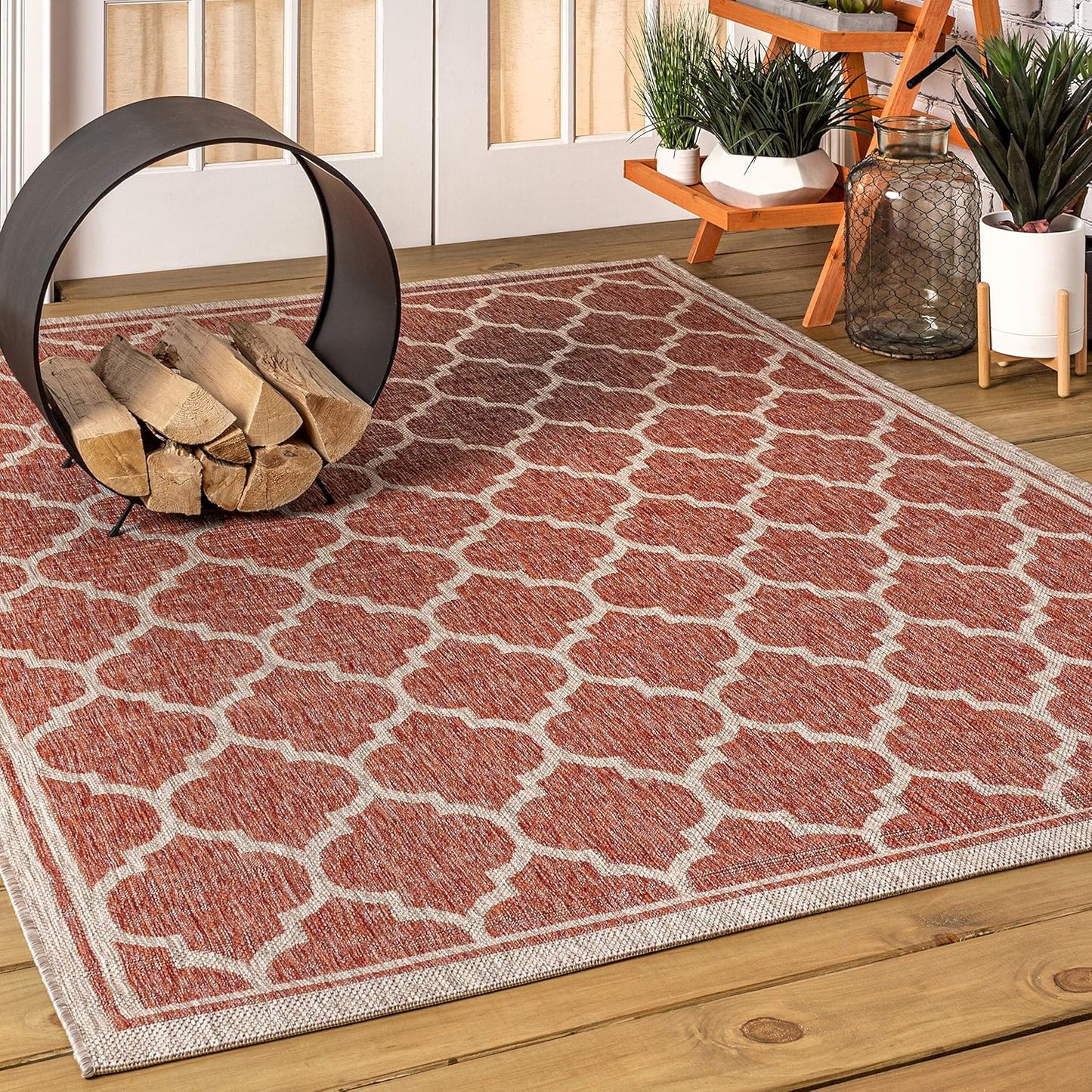 Eyely BMS109C-4 Santa Monica Trebol Moroccan Trellis Textured Weave Indoor/Outdoor Area Rug Coastal;Bohemian, Bedroom, Backyard, Patio, Easy-Cleaning, Non-Shedding, 4 X 6, Red/Beige