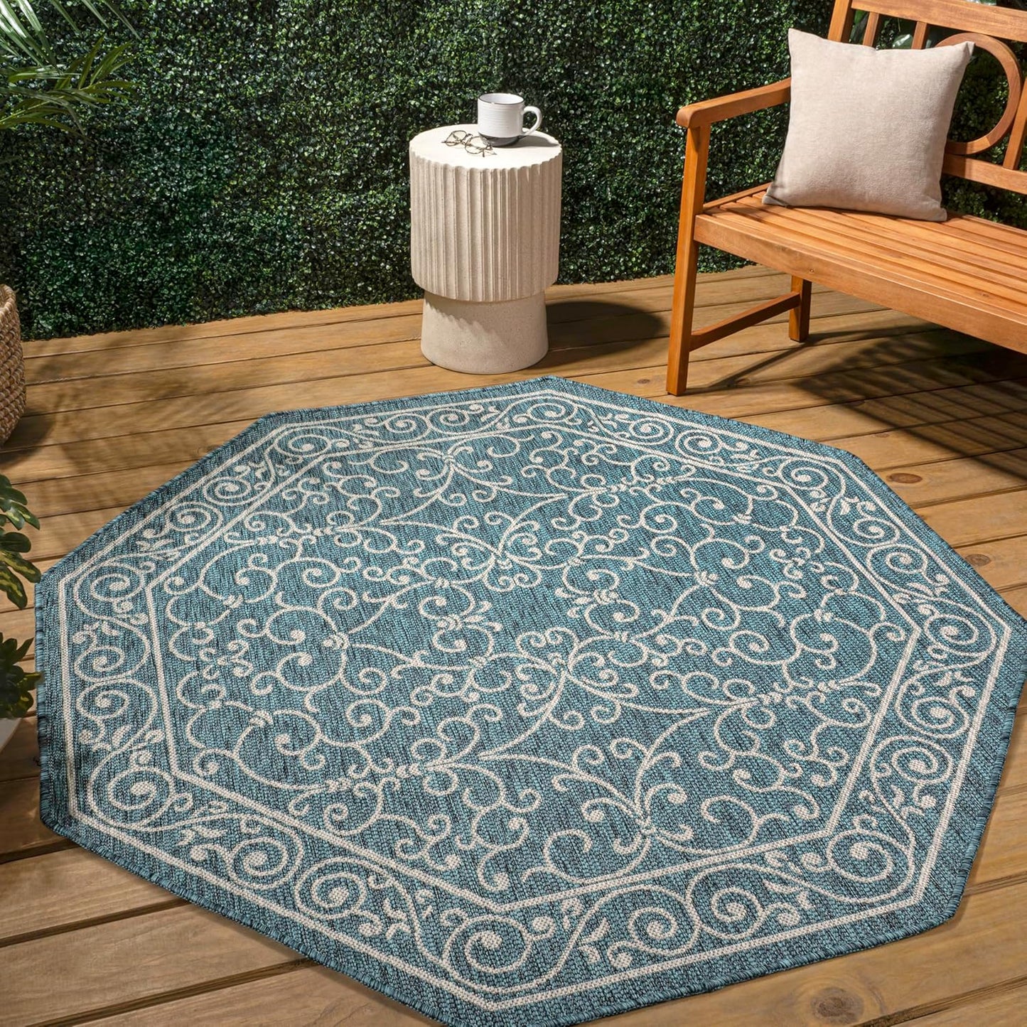 JONATHAN Y SMB106F-8TGN Charleston Vintage Filigree Textured Weave Teal/Gray 8' Octagon Indoor/Outdoor Area Rug, Non-Shedding, Stain Resistant,Fade Resistant, Easy-Cleaning for Backyard Patio, Porch
