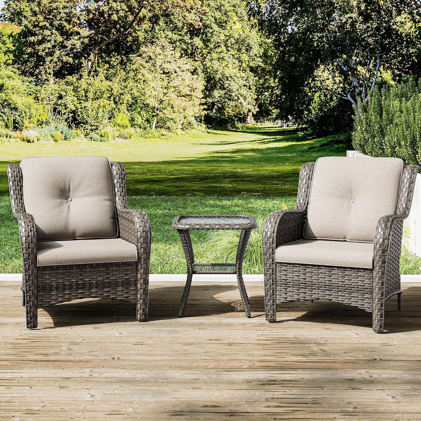 Joyside Patio Bistro Set Wicker Chairs - 3 Piece Outdoor Rattan Conversation Set with 2 Armrest Chair and 1 Side Table for Proch Deck Garden Backyard Balcony(Mixed Grey/Beige)