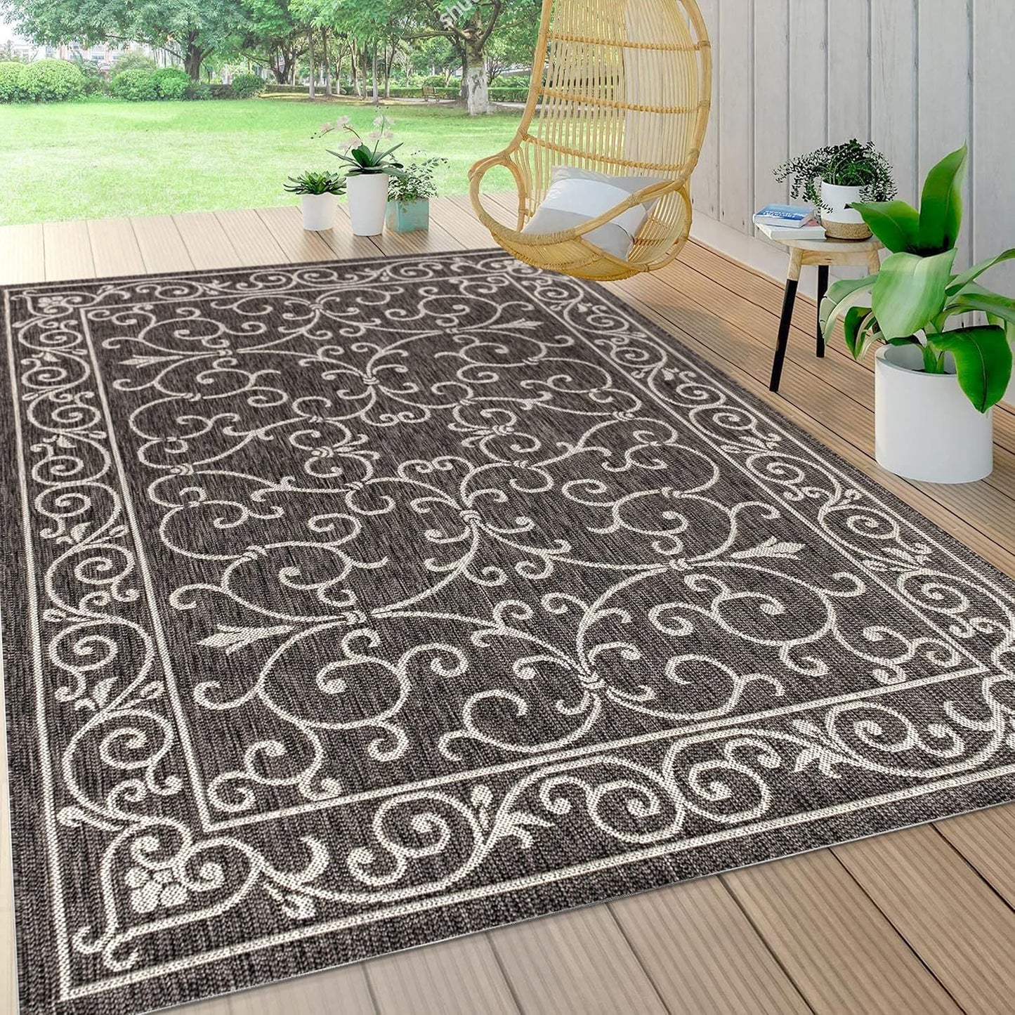 JONATHAN Y SMB106G-14 Charleston Vintage Filigree Textured Weave Black/Gray 10 ft. x 14 ft. Indoor/Outdoor Area Rug, Pet Friendly, Non-Shedding, Stain Resistant, Easy-Cleaning for Backyard, Patio
